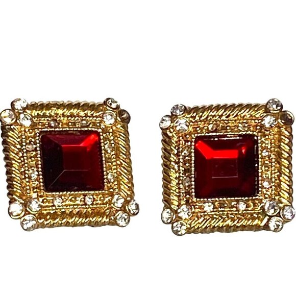 Vintage Jewelry - Vintage gold tone faux ruby & rhinestones clip on unsigned earrings OS